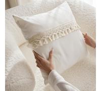 ROOM99 Luana 45 x 45 cm Decorative Cushion Cover Throw Cushion Cover Decorative Aesthetic Modern Bedroom Living Room Boho Cotton with Fringes Ecru
