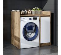 Roomart Derin Washing Machine Cabinet With Side Cupboard White And Oak Finish Freestanding Laundry Unit