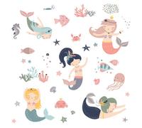 RoomMates RMK4394SCS Sweet Pastel Mermaids Peel and Stick Wall Decals | Girls Room Decor,Blue, Tan, Yellow, Pink, Green, Purple, White