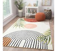 RoomTalks Boho Cute 3x5 Small Area Rugs Washable, Modern Abstract Geometric Shape with Tropical Leaves Non Slip Throw Rugs for Bedroom Kitchen Entryway Indoor Botanical Accent Carpet
