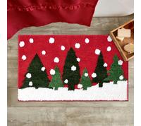 RoomTalks Cute Christmas Tree Bath Mat Non Slip Washable, 16x24 Vintage Country Festive Red Winter Snowflake Woodland Pine Tree Xmas Snow Bath Rugs Mat for Bathroom Christmas