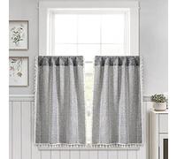 RoomTalks Dark Gray Boho Farmhouse Kitchen Curtains 36 Inch Length French Striped Modern Vintage Chic Textured Tassel Charcoal Short Cafe Curtains for Small Window Kitchen Bathroom Decor