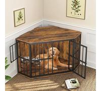 ROOMTEC 53 inch Furniture Dog Crate Corner, Dog Kennel Corner Wooden End Table with Bowl, Indoor Pet Crates Corner Side Table for Dogs, Wide Top Perfect for Limited Room