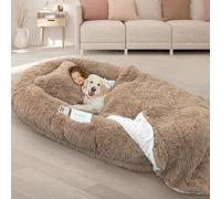 ROOMTEC Dog Bed, 180 x 114 x 30 cm, Washable, Giant Dog Bed, 10 cm Thick Memory Foam, Large Oversized Dog Bed with Plump Cushion, Blanket, Strap, Khaki