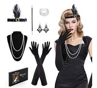 Roontin 1920s Vintage Accessories Set,1920s Flapper Great Gatsby Accessories Set,Fashion Roaring 20's Theme Set with Headband Headpiece Long Black,8 Pieces