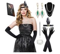 Roontin 1920s Vintage Gatsby Accessories Set With Peacock Feather Headband, Pearl Necklace, Cigarette Holder, Earrings, Long Gloves, Bracelet Kit for Women