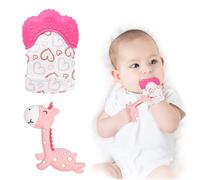 Roontin Baby Teething Set - 2 Pack Teething Mitten & Giraffe Teething Toy for Soothing Pain Relief - Pink