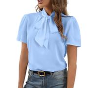 Rooscier Women's Bow Tie Knot Mock Neck Short Sleeve Elegant Workwear Blouse Shirt Top, Azure, L
