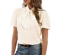 Rooscier Women's Bow Tie Knot Mock Neck Short Sleeve Elegant Workwear Blouse Shirt Top, Beige, Small