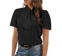 Rooscier Women's Bow Tie Knot Mock Neck Short Sleeve Elegant Workwear Blouse Shirt Top, Black, Medium