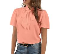 Rooscier Women's Bow Tie Knot Mock Neck Short Sleeve Elegant Workwear Blouse Shirt Top, Coral Pink, M