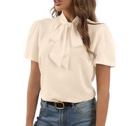 Rooscier Women's Bow Tie Knot Mock Neck Short Sleeve Elegant Workwear Blouse Shirt Top, Dark Beige, XL