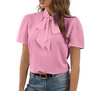 Rooscier Women's Bow Tie Knot Mock Neck Short Sleeve Elegant Workwear Blouse Shirt Top, Dark Pink, M