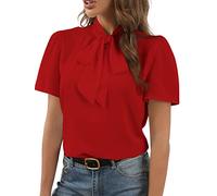 Rooscier Women's Bow Tie Knot Mock Neck Short Sleeve Elegant Workwear Blouse Shirt Top, Red, XL