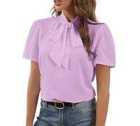 Rooscier Women's Bow Tie Knot Mock Neck Short Sleeve Elegant Workwear Blouse Shirt Top, Solid Light Purple, M