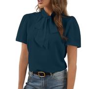 Rooscier Women's Bow Tie Knot Mock Neck Short Sleeve Elegant Workwear Blouse Shirt Top, Solid Teal Blue, XL