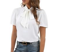 Rooscier Women's Bow Tie Knot Mock Neck Short Sleeve Elegant Workwear Blouse Shirt Top, White, Large