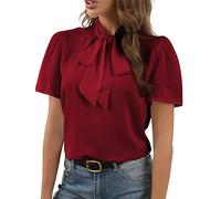 Rooscier Women's Bow Tie Knot Mock Neck Short Sleeve Elegant Workwear Blouse Shirt Top, Wine Red, XL
