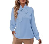 Rooscier Women's Bow Tie Neck Long Sleeve Buttton Cuff Chiffon Elegant Blouse, Azure, XL