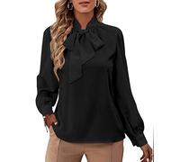 Rooscier Women's Bow Tie Neck Long Sleeve Buttton Cuff Chiffon Elegant Blouse, Black, Large