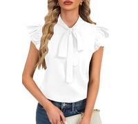 Rooscier Women's Bow Tie Neck Ruffle Cap Sleeve Elegant Office Blouse Shirt Tops, Solid White, S