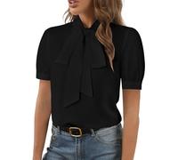 Rooscier Women's Bow Tie Neck Short Sleeve Elegant Office Workwear Blouse Shirt Tops, Pure Black, M