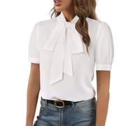 Rooscier Women's Bow Tie Neck Short Sleeve Elegant Office Workwear Blouse Shirt Tops, Pure White, S