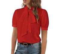 Rooscier Women's Bow Tie Neck Short Sleeve Elegant Office Workwear Blouse Shirt Tops, Red, M