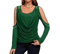 Rooscier Women's Cowl Neck Cold Shoulder Long Sleeve Rhinestone Draped Tee Blouse Top, Dark Green, M