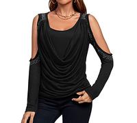 Rooscier Women's Cowl Neck Cold Shoulder Long Sleeve Rhinestone Draped Tee Blouse Top, Solid Black, XL
