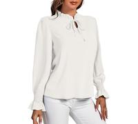 Rooscier Women's Frill Mock Neck Self Tie Shirred Ruffle Long Sleeve Elegant Blouse, White, X-Large