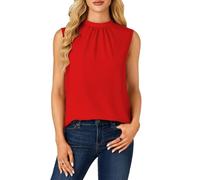 Rooscier Women's Mock Neck Sleeveless Pleated Front Chiffon Elegant Blouse Tank Top, Red, M
