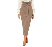 Rooscier Women's Ruffle High Waist Self Tie Belt Straight Elegant Party Long Skirt, Khaki, Small