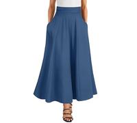 Rooscier Women's Skirts Elastic High Waist Tie Knot Back A-Line Flared with Pockets Long Skirt, Dusty Blue, M