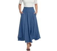 Rooscier Women's Skirts Elastic High Waist Tie Knot Back A-Line Flared with Pockets Long Skirt, Dusty Blue, M