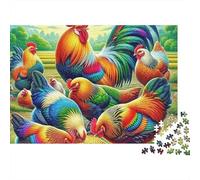 Rooster 1000 Piece Game Night Puzzle for Adults Colorful Rooster Flock in Rural Field Premium Thick Sturdy Vibrant Challenging Hard Stress Relief 70x50cm/1000pcs
