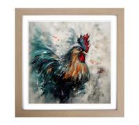 Rooster Abstract Expressionism No.1 Framed Print | 18x18 Inch Oak Framed Wall Art | Ready to Hang | Eclectic Animal Picture | Living Room Bedroom Lounge Office