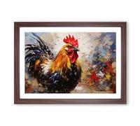 Rooster Action No.2 Framed Print | A2 Walnut Framed Wall Art | Ready to Hang | Modern Animal Picture | Living Room Bedroom Lounge Office