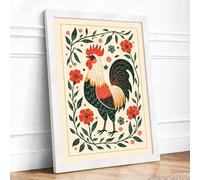 Rooster Among Blooms Farmhouse Framed Wall Art Print A4 (29.7×21cm) White, Wall Decor for Living Room, Bedroom, Office & Home, Ready to Hang, Art Gift