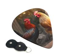 Rooster and Chicken Guitar Picks 6 Pack with Leather Guitar Pick Holder Keychain, Plectrum Key Fob Cases Bag, Abstract Art Plectrum for Acoustic Electric Guitar, Ukulele 0.46mm