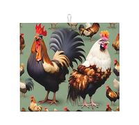 Rooster and Chicken Kitchen countertop absorbent mat, single-sided printed 100% polyester with a hanging rope