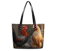 Rooster And Chicken Leather Tote Bag for Women Work Shoulder Purses with Zipper Waterproof Large Computer Shoulder Bag Fashion Ladies Shoulder Handbag Reusable Shopping Bags