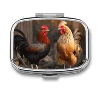 Rooster and Chicken Pill Box 2 Compartment - Small Metal Medicine Organizer Portable Pill Case for Purse Pocket Travel Vitamin Organizer for Men Women, BPA-Free
