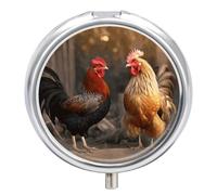 Rooster and Chicken Pill Box, 3 Compartments, Small Travel Pill Case, Metal Pill Organizer, Portable Pill Container, Medicine Organizer for