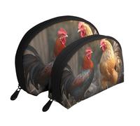 Rooster and Chicken Portable Shell Cosmetic Bag Set - Travel Makeup Organiser with Zipper & Inner Compartments