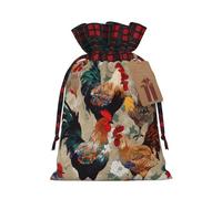 Rooster And Chicken Print Christmas Drawstring Linen Gift Bag Paired With Scottish Plaid Fabric, With A Delicate And Simple Texture