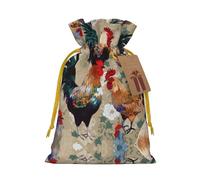 Rooster And Chicken Print Christmas Drawstring Sack Gift Bag, Lightweight And Cute In Design