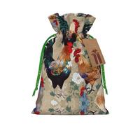 Rooster And Chicken Print Christmas Drawstring Sack Gift Bag, Lightweight And Cute In Design