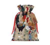Rooster And Chicken Print Christmas Drawstring Sack Gift Bag, Lightweight And Cute In Design