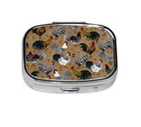 Rooster and Chicken Print Print Pill Box 2 Compartment Medicine Pill Case,Portable for Pocket Or Purse Pill Box Decorative Metal Medicine Organizer